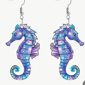 SEAHORSE Blue Acrylic Dangly Earrings NIB